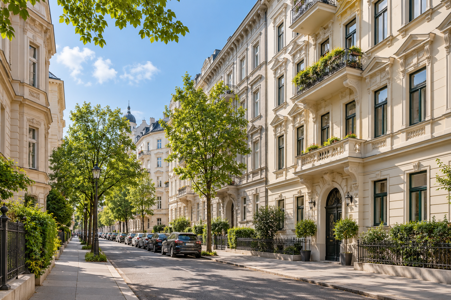 Helle Wohnhäuser mit begrünten Balkonen in einem Wiener Stadtviertel
